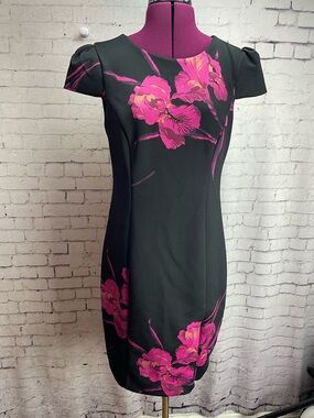 Betsey Johnson size 4 black dress with magenta flowers